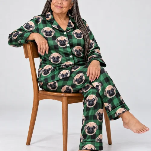 Green Plaid Satin Pajama Set with Your Pet's Face