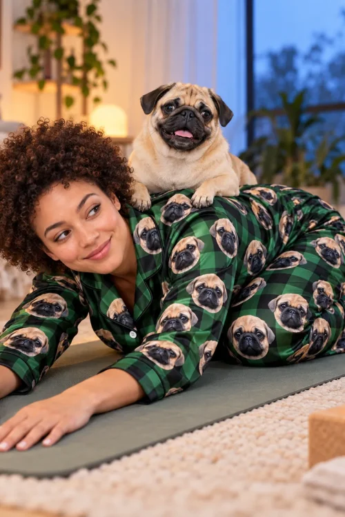Woman stretching on a yoga mat in a green plaid pajama set while her pug sits on her back