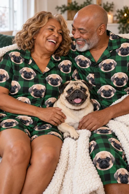 Couple in matching green plaid pajama shorts sets cuddling their pug under a cream throw