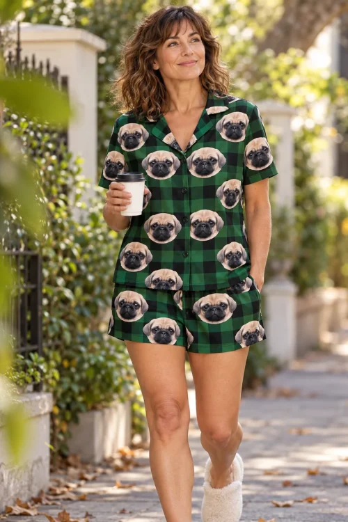 Woman with coffee and slippers strolling a leafy sidewalk in green plaid pajama shorts with pug faces