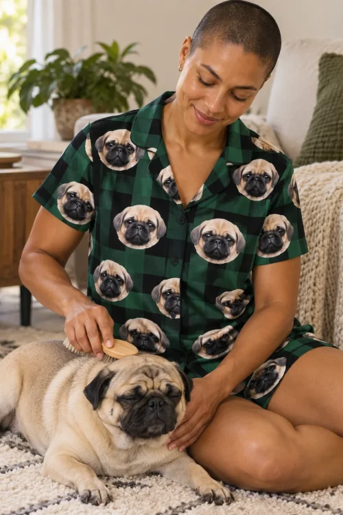 Woman with a buzz cut brushing her pug on a rug, wearing green plaid pajama shorts and shirt