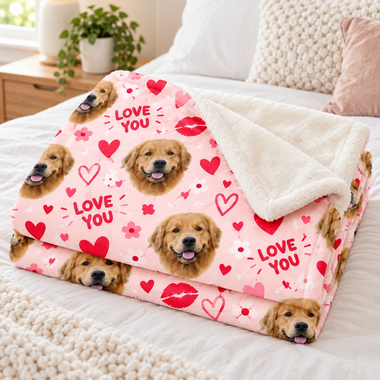 Folded pink minky pet blanket printed with golden retriever faces and hearts