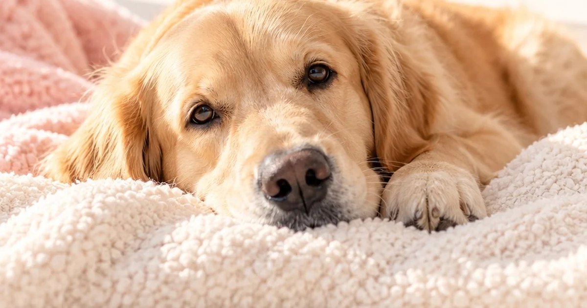 Golden retriever resting its head on a soft cream blanket, grieving the loss of a pet
