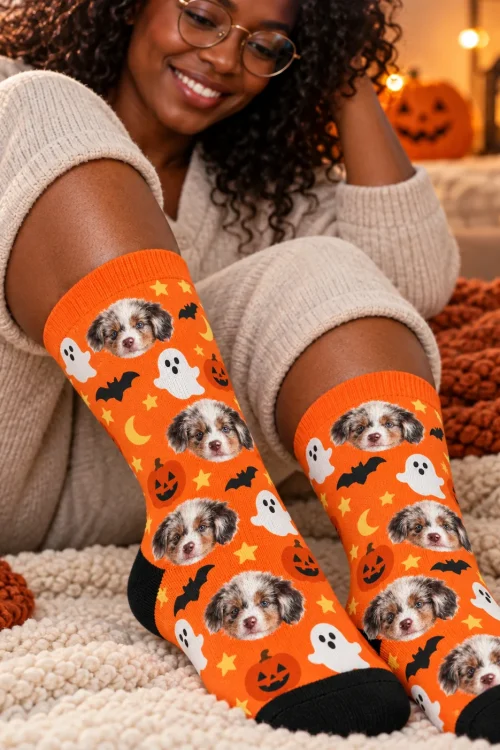 Woman in glasses on a rug by jack-o'-lanterns in Halloween dog socks with puppy faces