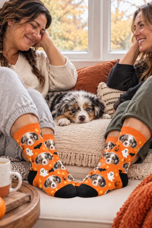 Two friends on a window seat in orange Halloween face socks, their puppy between them