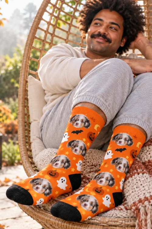 Man relaxing in a hanging chair in an autumn garden in orange Halloween socks