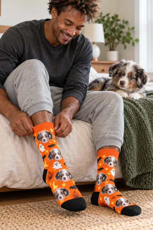 Man pulling on orange Halloween socks with puppy faces while his Aussie puppy watches