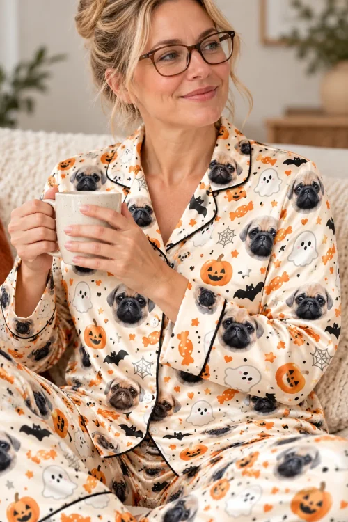 Close-up of a cream halloween pajama set with pug faces, ghosts, bats and spider webs