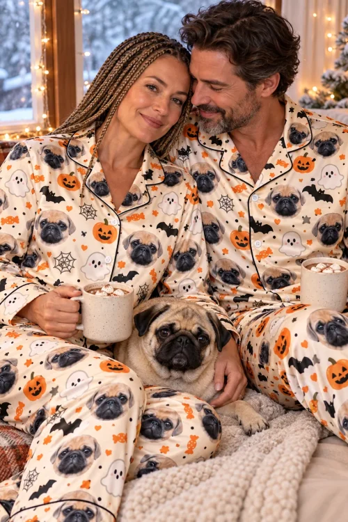 Couple in a cream satin Halloween pajama set with pug faces, cuddling a fawn pug with cocoa