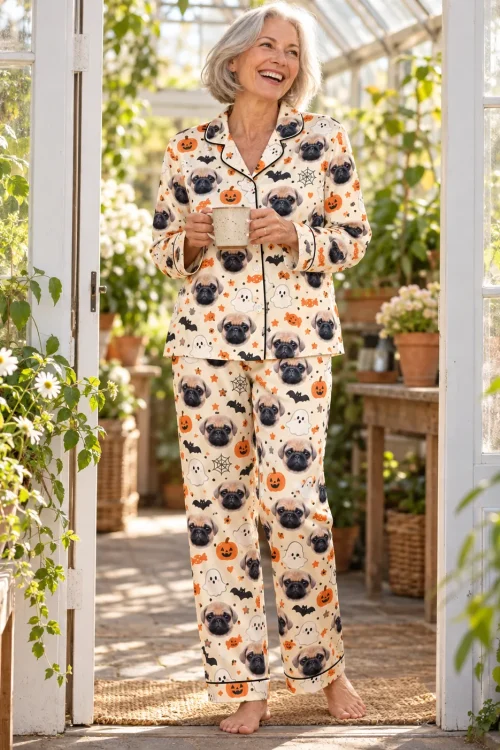 Woman with a mug in a sunny greenhouse doorway, wearing a cream halloween pajama set