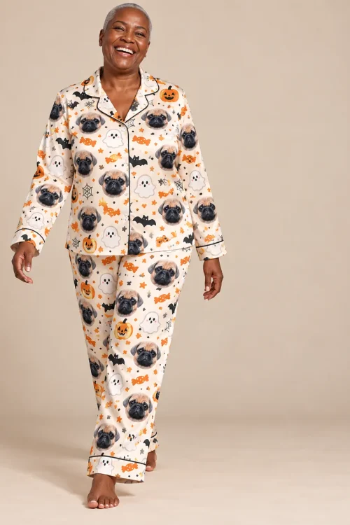 Smiling woman walking in a cream halloween pajama set with pug faces, ghosts and candy