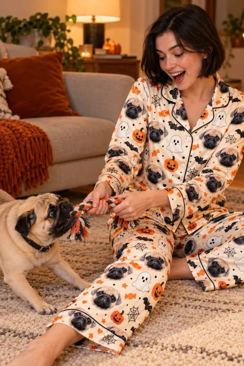 Woman playing tug-of-war with her pug in a cream halloween pajama set on the living room rug