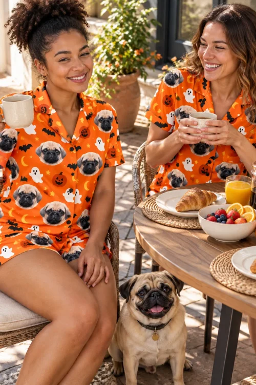 Two friends at a patio brunch in halloween pajama shorts sets while their pug waits by the table