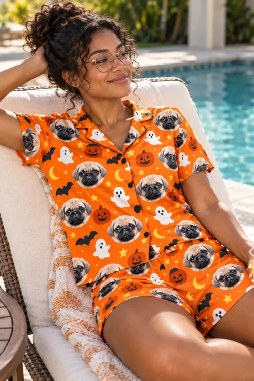 Woman in glasses lounging by a pool in halloween pajama shorts and a shirt with pug faces