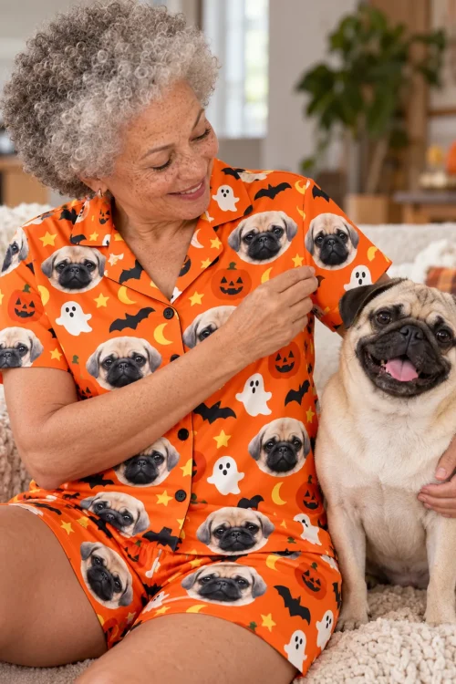 Silver-haired woman on a sofa with her pug in halloween pajama shorts with ghosts and pumpkins