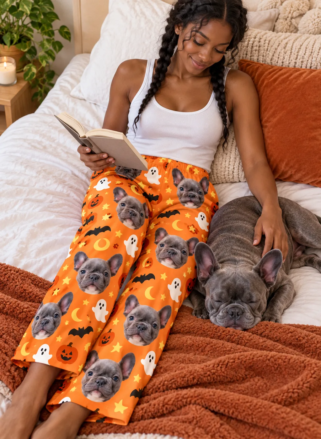 Halloween pajamas: woman reading in orange Halloween pajama pants with French bulldog faces beside her French bulldog