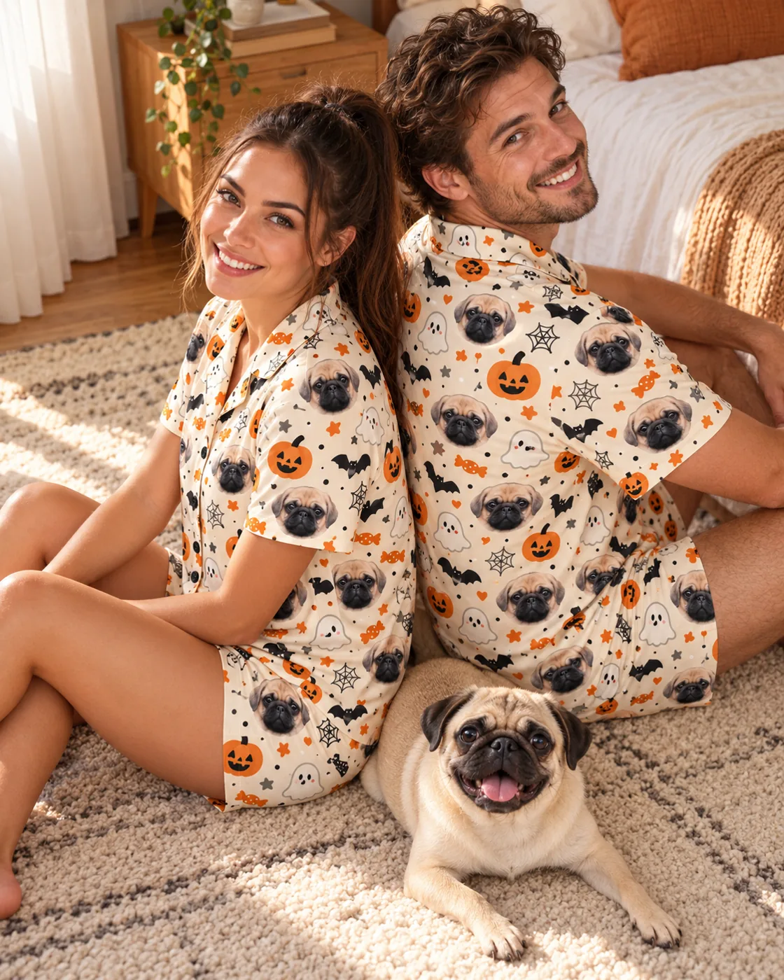 Halloween pajamas: couple in Halloween Cream short sets printed with pug faces sitting on a rug with their pug