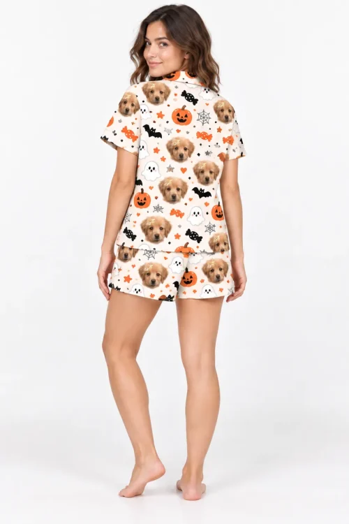 Back view of the Halloween pajamas with puppy faces on shirt and shorts