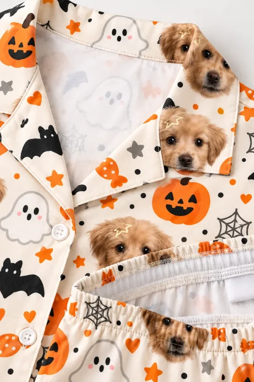 Inside of the Halloween pajama set: collar lining and elastic shorts waistband
