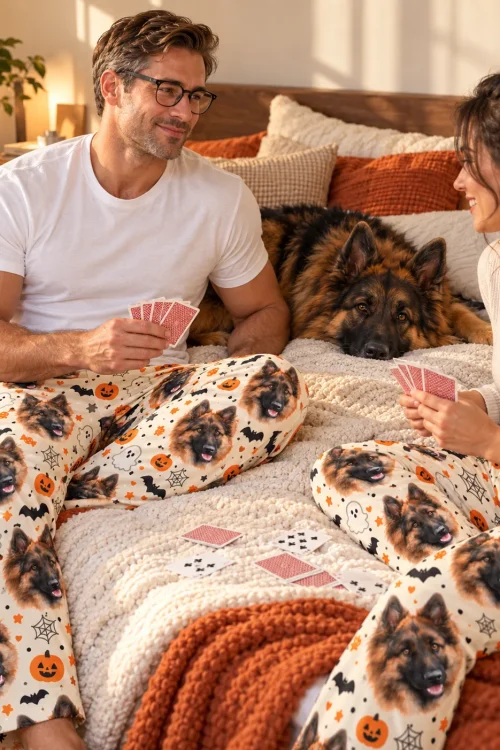 Man and woman playing cards on a bed in cream Halloween PJ pants, their German Shepherd resting behind