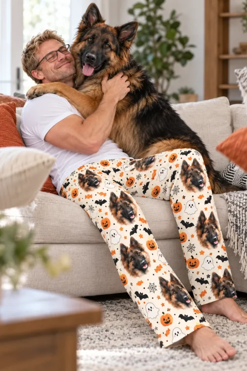 Man on a sofa hugging his German Shepherd, wearing cream Halloween PJ pants printed with its face