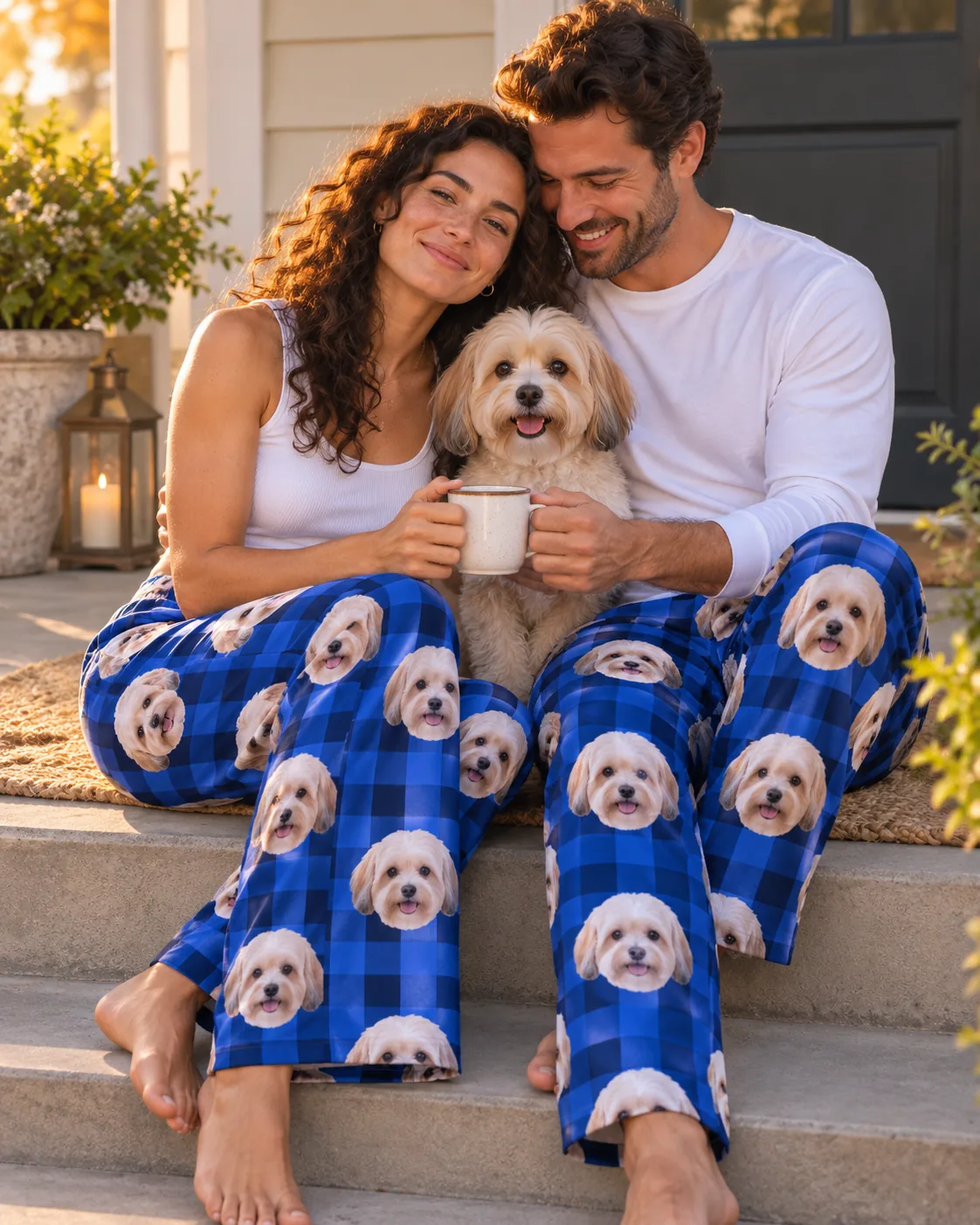 Couple sharing a mug on a porch step with their Havanese, both in blue plaid havanese pajamas