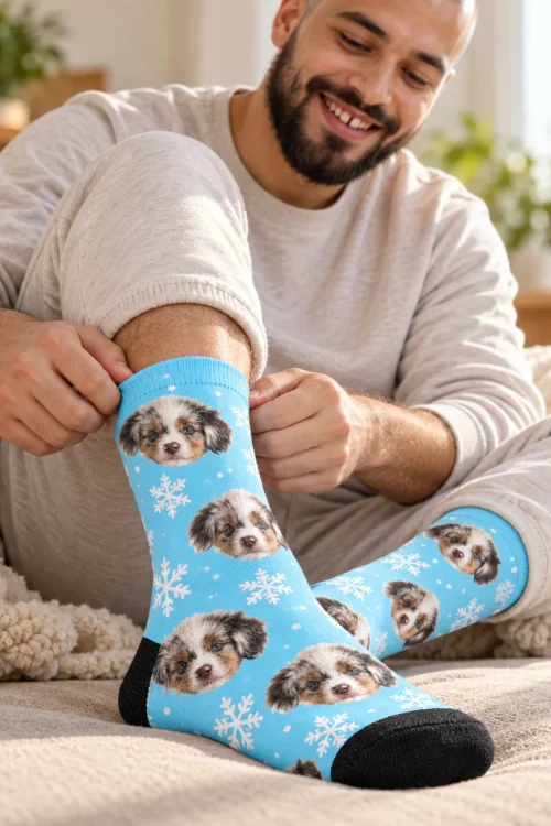 Bearded man pulling up light blue snowflake holiday face socks with puppy faces
