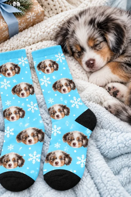 Snowflake holiday face socks on a fuzzy blanket beside a gift and a sleeping puppy