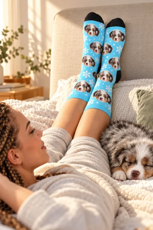 Woman lying on a bed with feet up in snowflake socks while her Aussie puppy naps