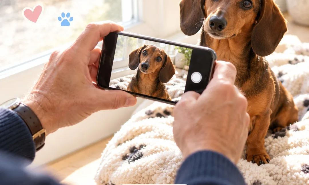 Hands holding a phone to photograph a dachshund sitting on a rug by a window, how to photograph pets indoors