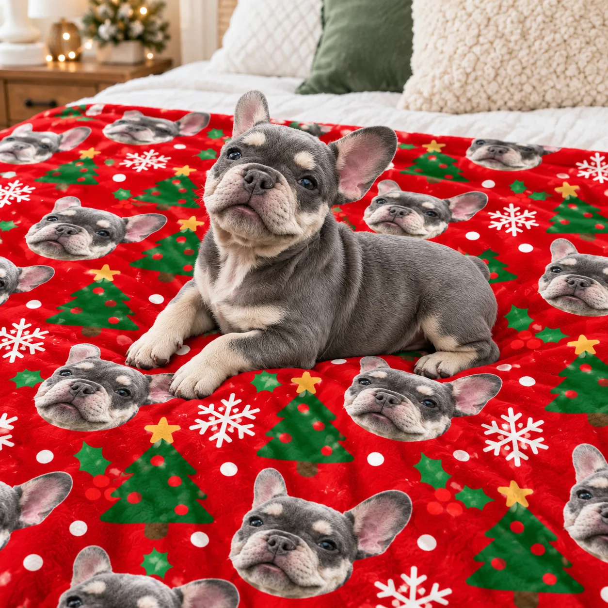 French bulldog lying indoors on a red blanket printed with its face, looking up at the camera