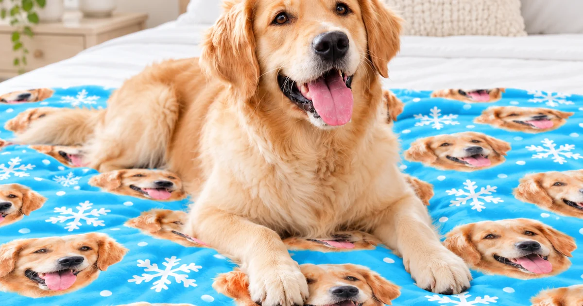 Golden retriever lying on a printed fleece blanket on a bed, pets indoors in soft daylight