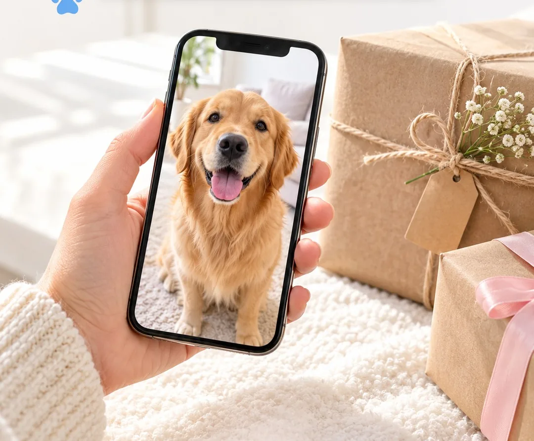 Hand holding a phone showing a golden retriever photo among wrapped gifts, how to photograph pets indoors for a gift