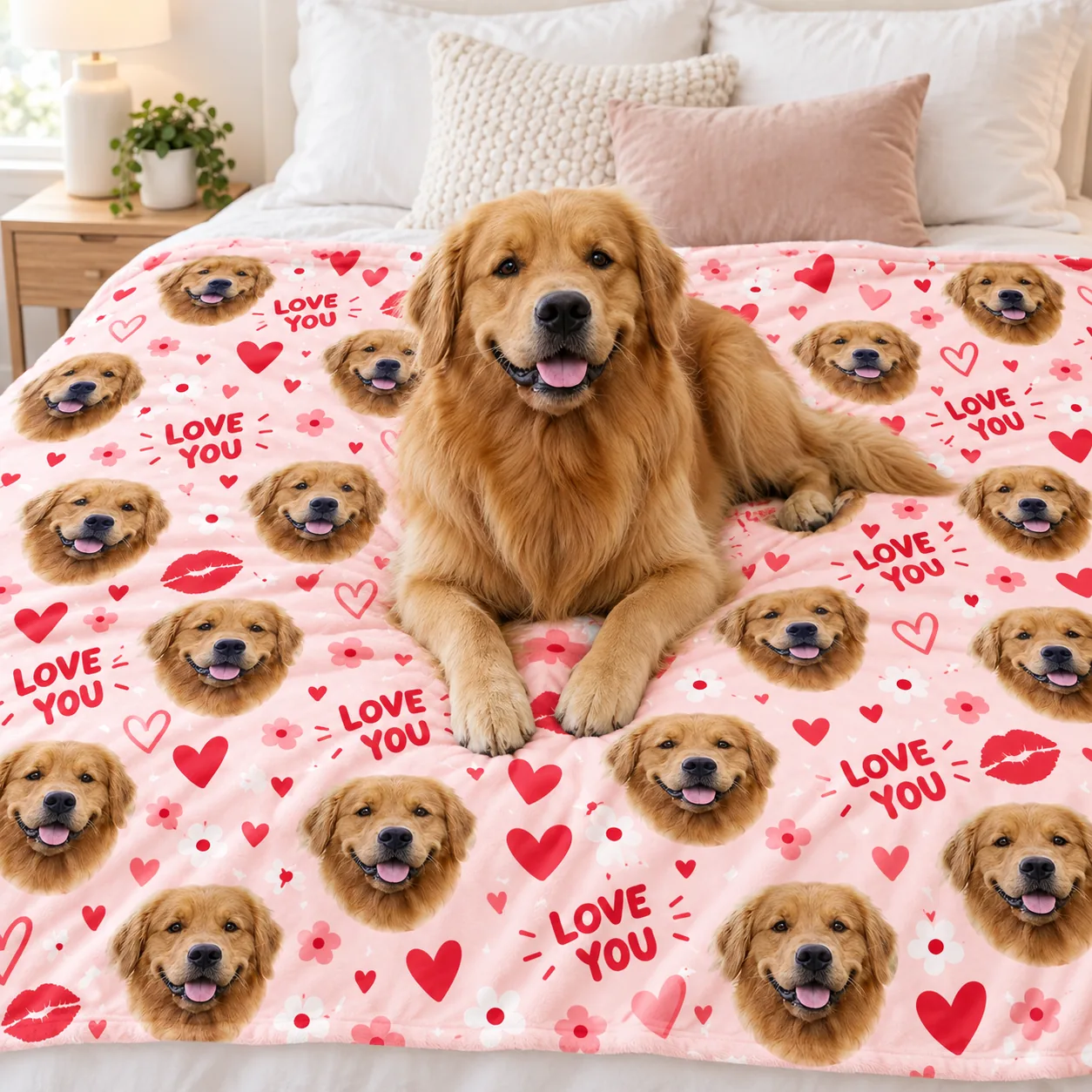 Golden retriever lying indoors on a pink minky blanket printed with its own face