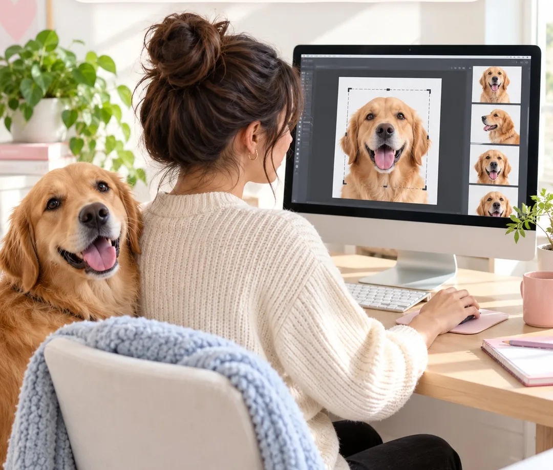 Woman at a desk cropping a golden retriever photo on her computer for printing, indoors with her dog