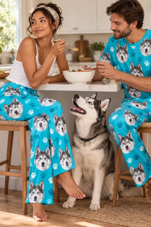 Couple eating cereal at a kitchen counter in matching teal paws husky dog pajamas while their husky begs below