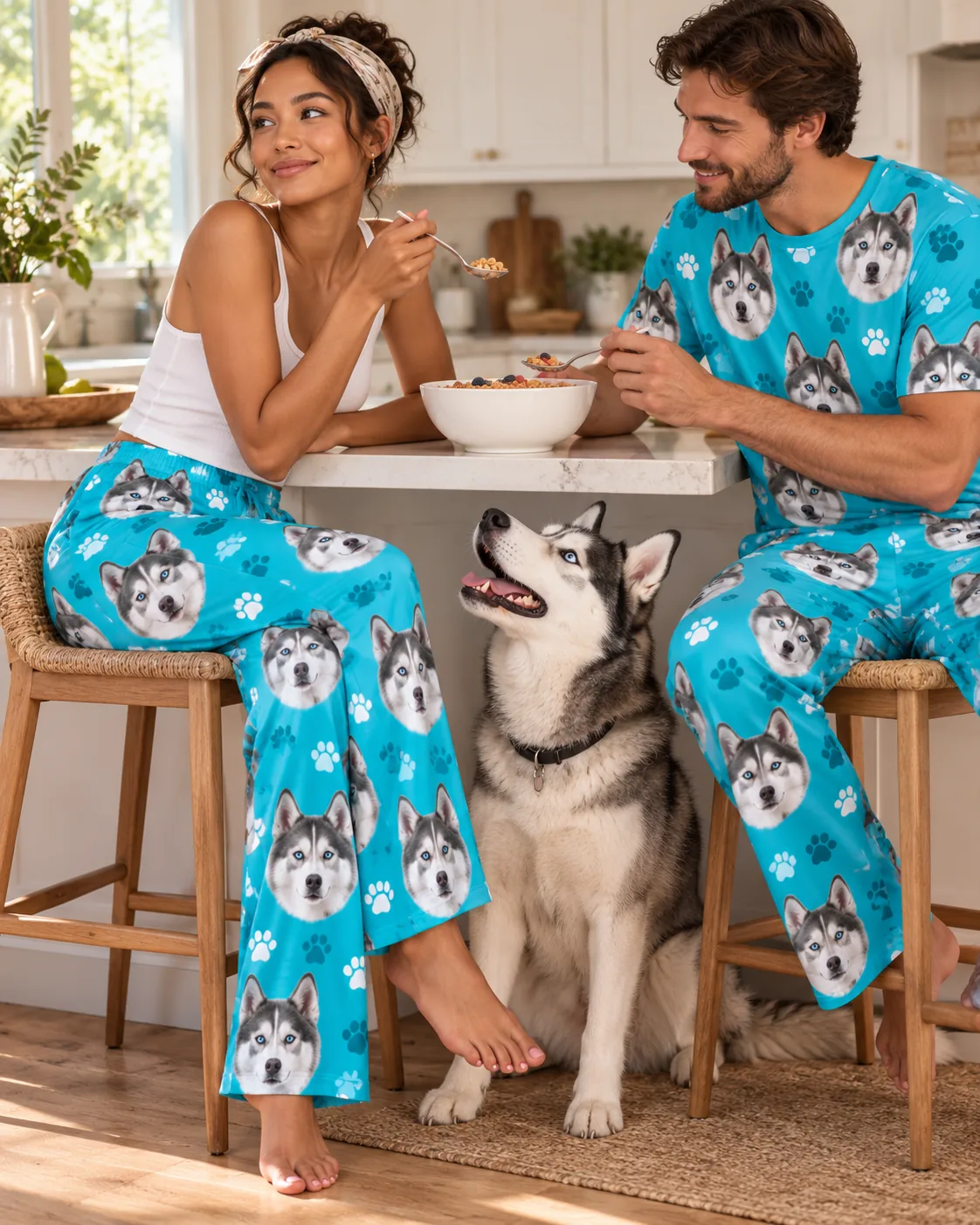 Couple eating cereal at a kitchen counter in matching teal paws husky dog pajamas while their husky begs below