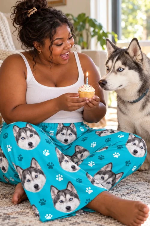 Woman on a rug holding a birthday cupcake for her husky, wearing teal paws husky dog pajama pants