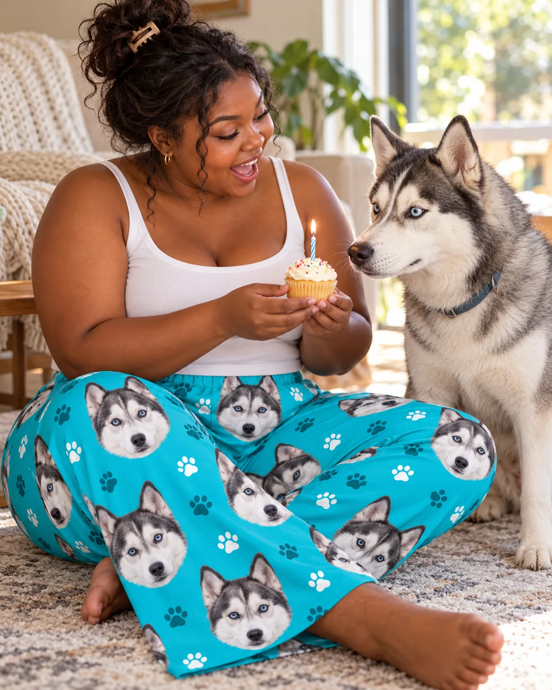 Woman on a rug holding a birthday cupcake for her husky, wearing teal paws husky dog pajama pants