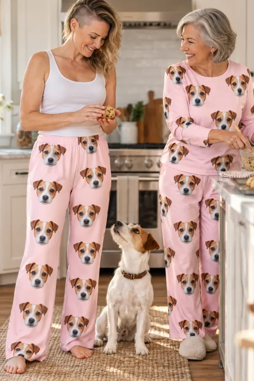 Two women baking cookies in a kitchen in blush pink Jack Russell loungewear while the terrier looks up