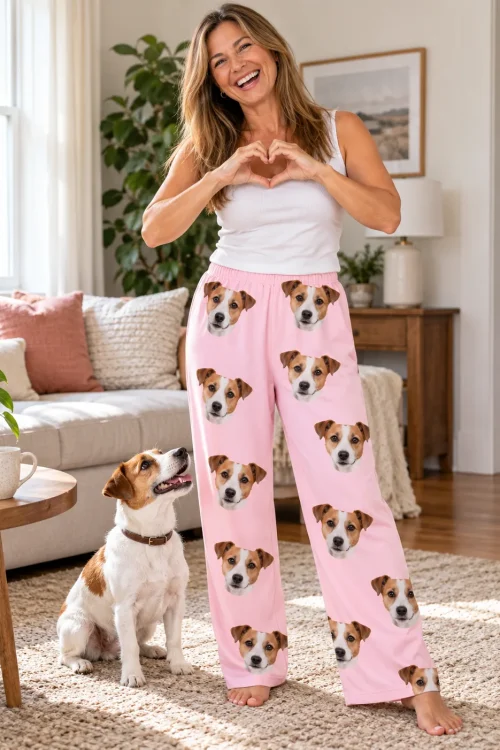 Woman making a heart with her hands beside her Jack Russell in blush pink loungewear, bright living room