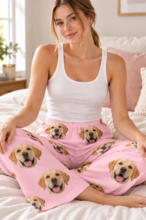 Woman sitting cross-legged on a white bed in blush pink pajama pants printed with labrador faces