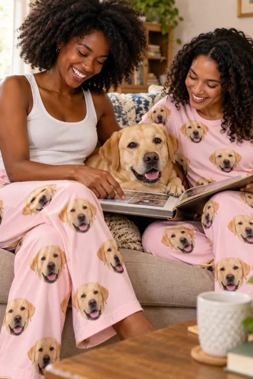 Two women on a sofa with a yellow lab and a photo album, in blush pink labrador face pajamas