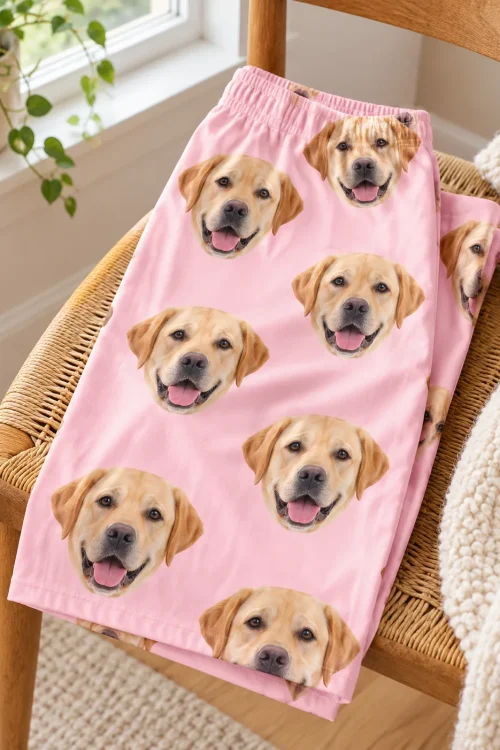 Blush pink labrador pajama pants folded over a woven chair by a sunny window