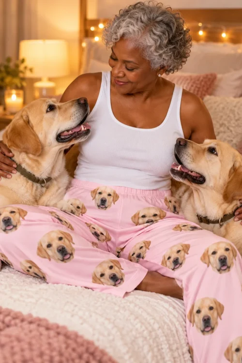 Silver-haired woman on her bed hugging two yellow labs, in blush pink labrador pajama pants