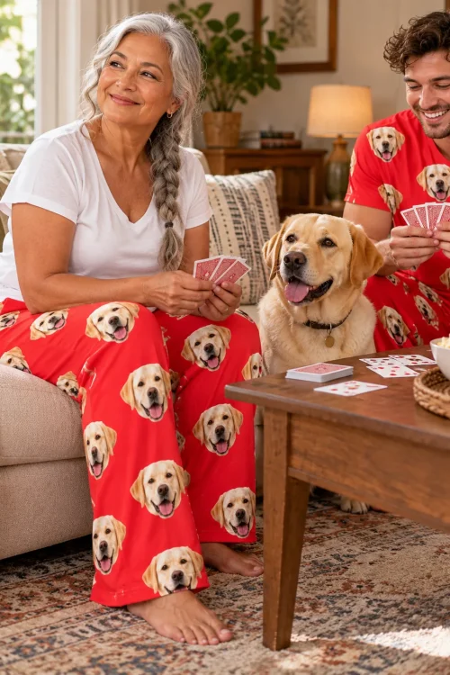 Woman and man playing cards on the couch with their yellow lab, both in red labrador pajamas