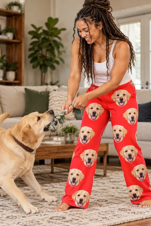 Woman playing tug-of-war with her yellow lab on a living room rug in red labrador pajama pants
