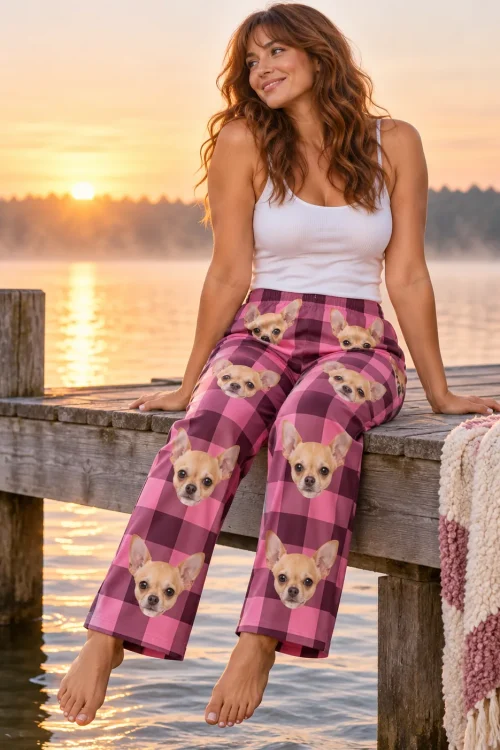 Woman on a lake dock at sunrise in pink plaid pajama pants printed with chihuahua faces