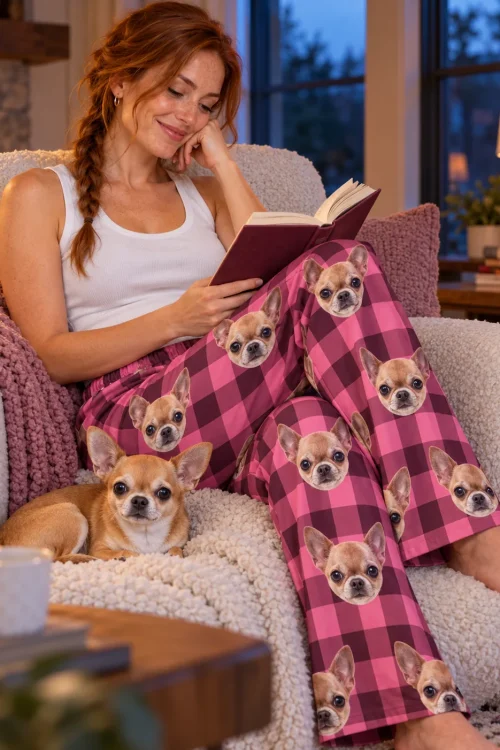 Woman reading in a cream armchair with a chihuahua curled beside her, in pink plaid pajamas