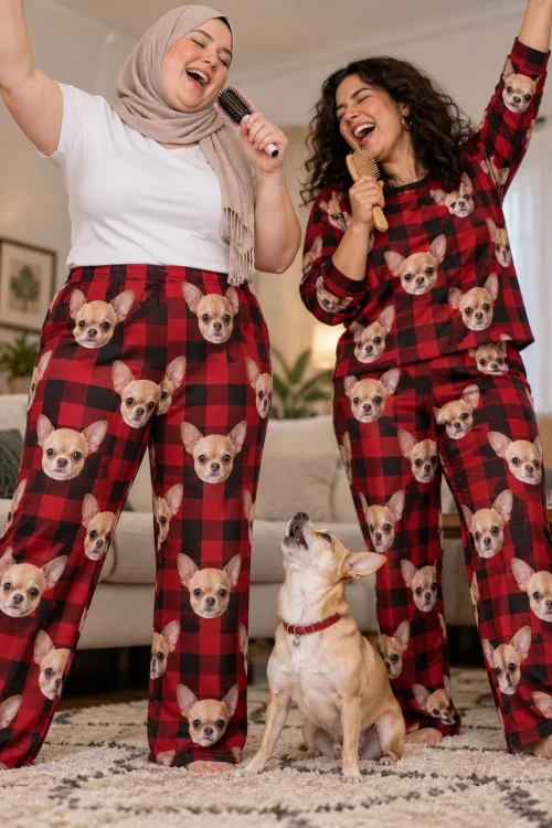 Two friends singing into hairbrushes in red plaid chihuahua pajamas while the dog howls along